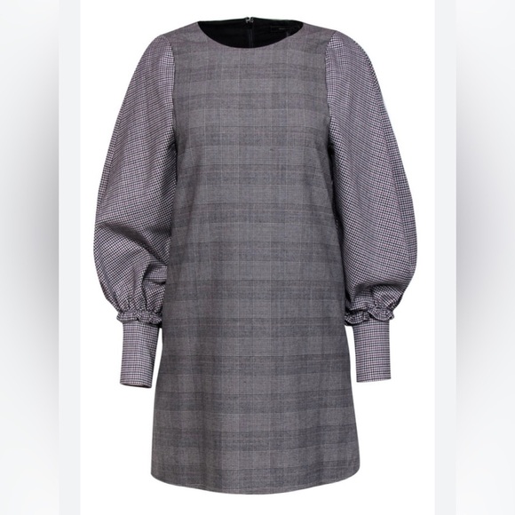 BCBGMaxazria Plaid Shift Dress Long Sleeve Mini Prep Tartan Grey White Large - Picture 1 of 13